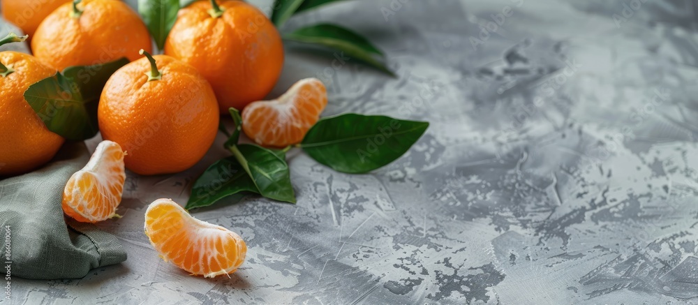 Poster Close-up image with a selective focus on whole and peeled clementines with leaves. Set on a light gray rustic backdrop with room for text, offering a narrow depth of field. Copy space image