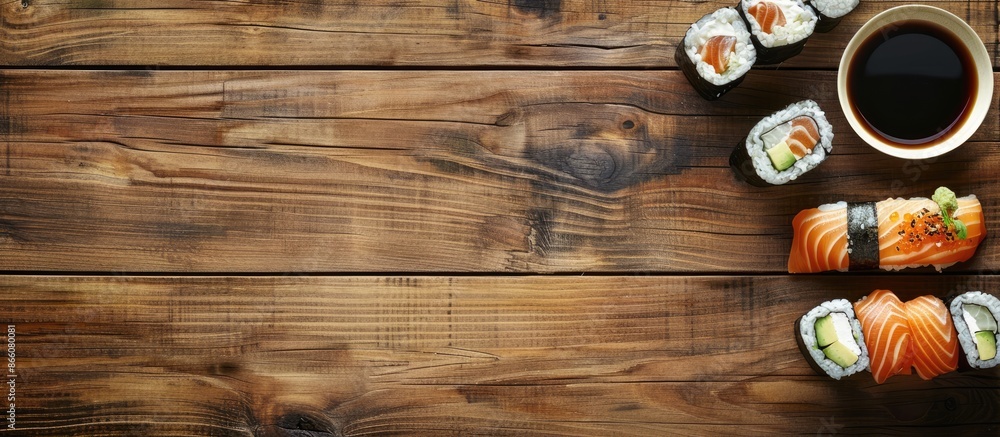 Aufkleber Top view of sushi on a wooden table with ample copy space image.