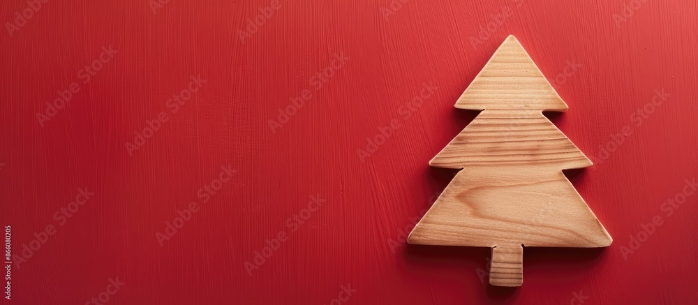 Poster wooden christmas tree decoration on a red backdrop with room for additional images or text.