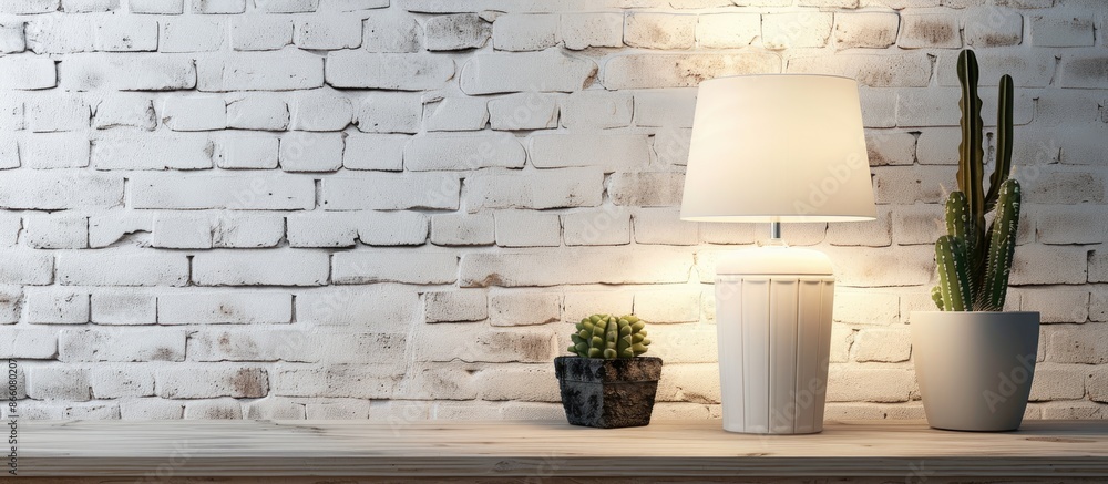 Aufkleber Front view of a contemporary table lamp and cactus set on a table with a white brick wall in the background, ideal for a workplace with ample copy space image.