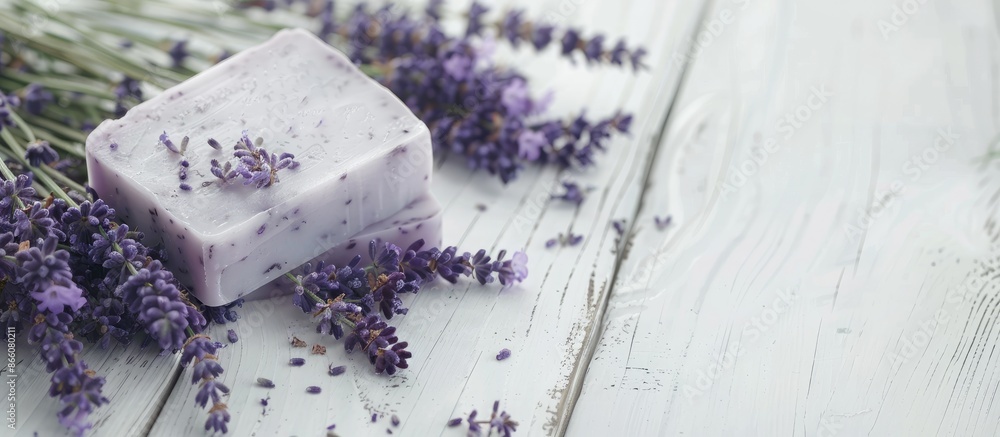 Poster handcrafted lavender soap displayed on a white wooden table with ample copy space image.