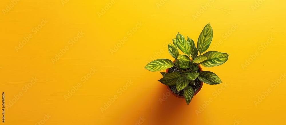 Poster top view of a small houseplant on a yellow backdrop with copy space image.