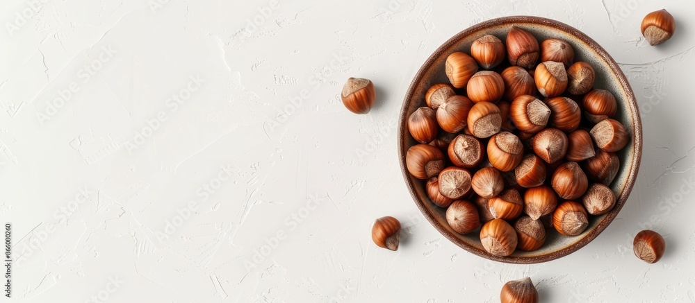 Aufkleber overhead view of a bowl filled with hazelnuts on a white backdrop with copy space image.