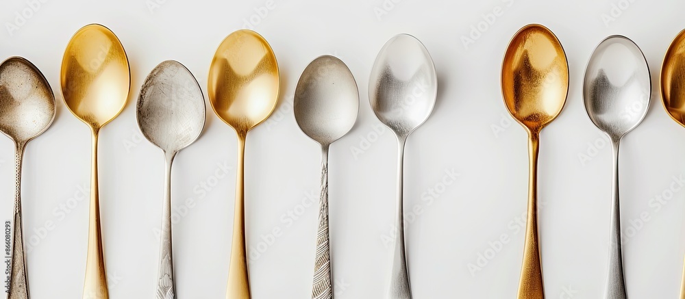 Aufkleber Gold and silver spoons on a white backdrop provide a striking contrast, creating an elegant display with copy space image.