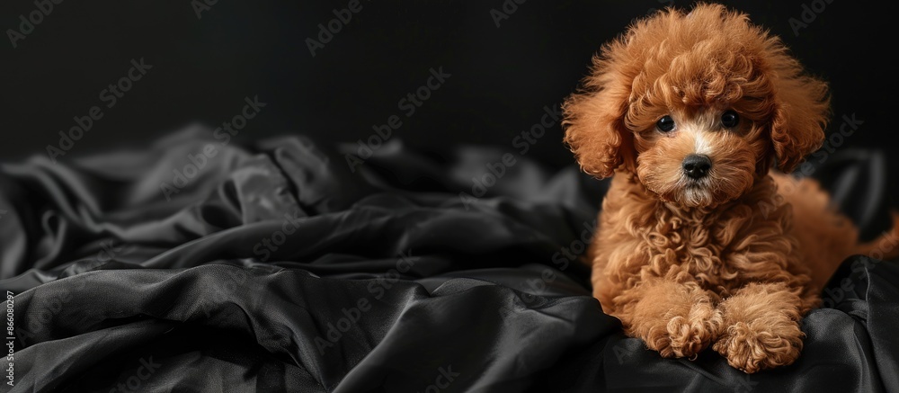 Poster a solo poodle puppy rests on a black cloth with a background for copy space image.