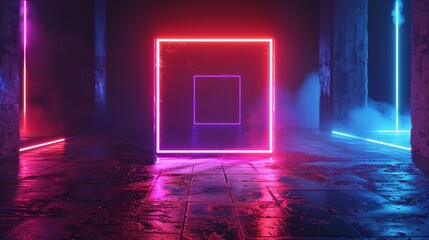A 3D render of a neon square floating in a digital space, with glowing geometric shapes inside, creating a mesmerizing and futuristic look.