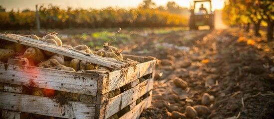 Wooden crates and a tractor appear ready for harvest in the field with harvested potato rows; suggesting they await their task, creating an engaging scene with abundant copy space image opportunities.
