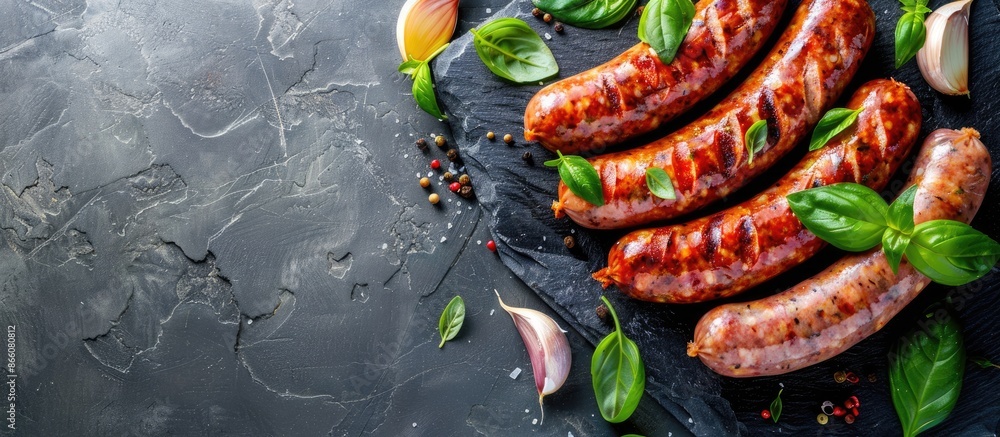 Poster Beef sausages fried with basil, garlic, and onion on a dark backdrop with a side view and ample copy space image.