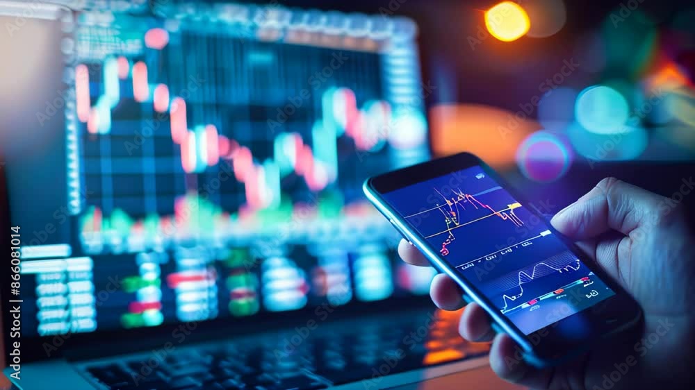 Poster a hand holding a mobile phone displaying a trading graph and stock market data