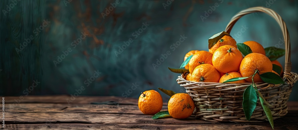Aufkleber A rustic scene with a basket of delicious and beautiful tangerines placed on a wooden table, creating a citrus background for a close-up image with copy space.