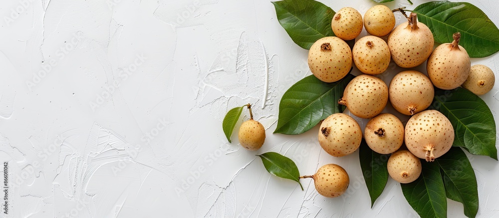 Poster Top view of a fresh longan fruit with leaves on a white background, creating a flat lay composition with copy space image.