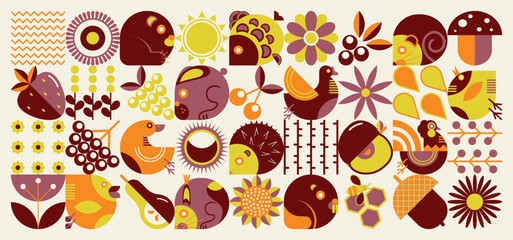 Animals positive pattern. Scandinavian style. Spring set of icons. A large collection of linear icons with animals, birds, flowers, fruits and sun .  © Alexander