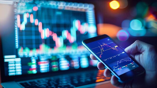 A hand holding a mobile phone displaying a trading graph and stock market data