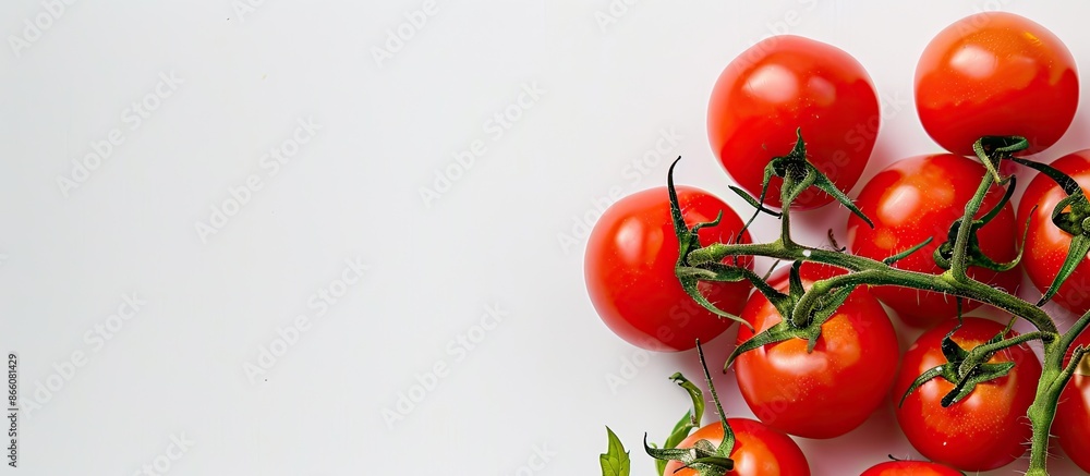 Poster organic tomatoes arranged on a white background with copy space image.