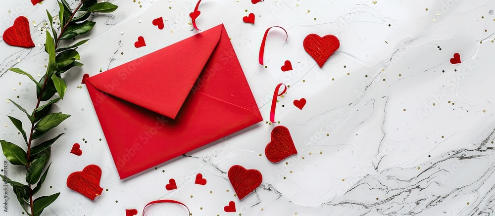 Poster Valentine's Day greeting card featuring romantic hearts on a white background with a red envelope. Includes a flat lei and space for text in the image. Copy space image