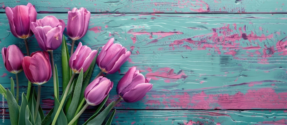 Poster Vintage toned background with purple tulips on weathered blue-red wood, offering empty space for text in the image. Copy space image. Place for adding text and design