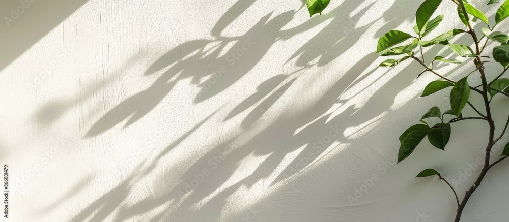 Aufkleber tree leaves shadow on a white wall, combining pastel colors and creative minimalism, providing copy 