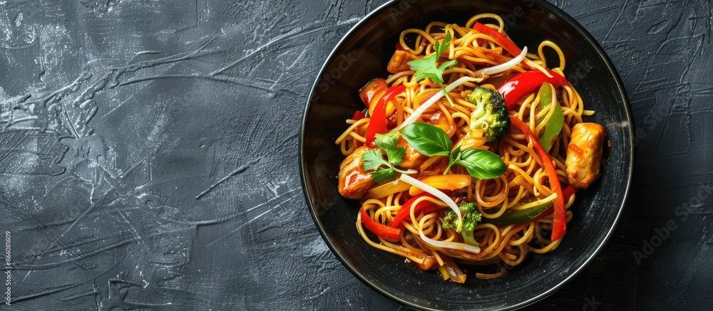 Poster aerial view of schezwan noodles or chow mein with veggies, chicken, and spicy sauce on a dark dish i