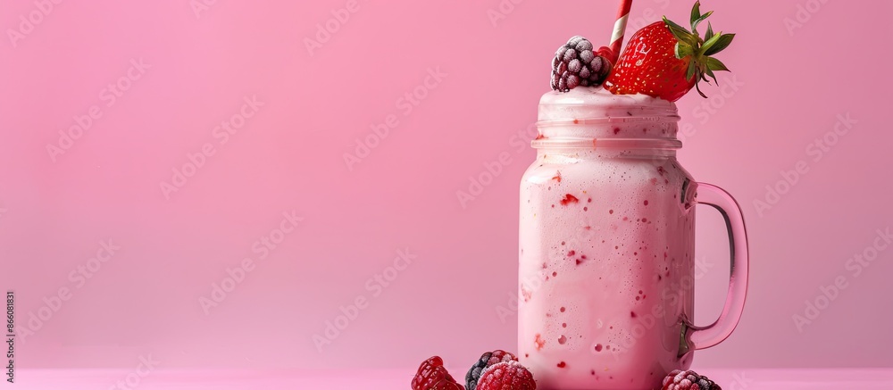 Aufkleber Close-up of a refreshing strawberry milkshake with berries in a mason jar on a pink background, ideal for summer and featuring ample copy space image.