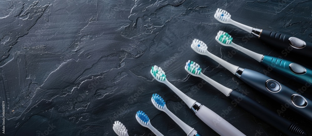 Aufkleber Electric toothbrush nozzles arranged on a dark background with space for text or other images. Copy space image. Place for adding text and design