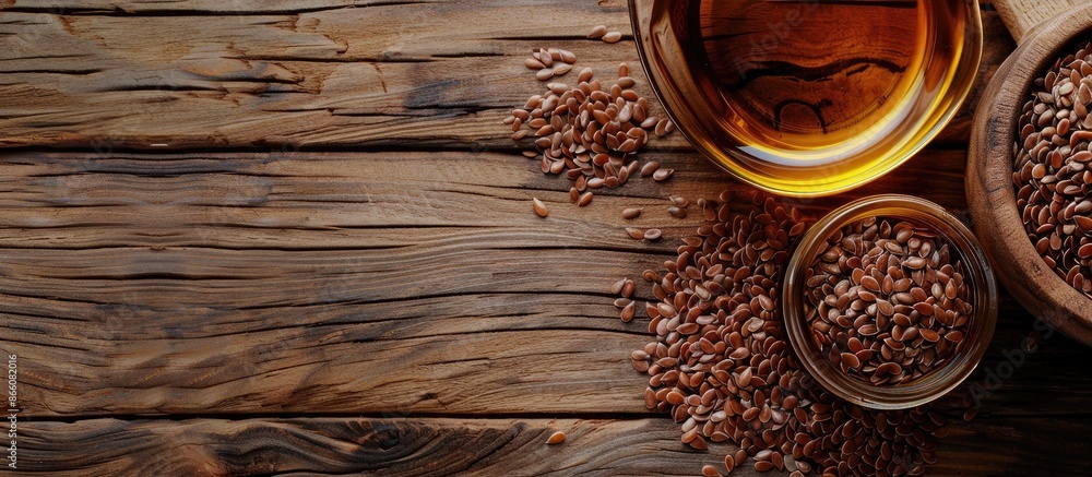 Aufkleber top view close-up of a wooden background with a bowl of flax seeds and a glass bottle of flaxseed oi