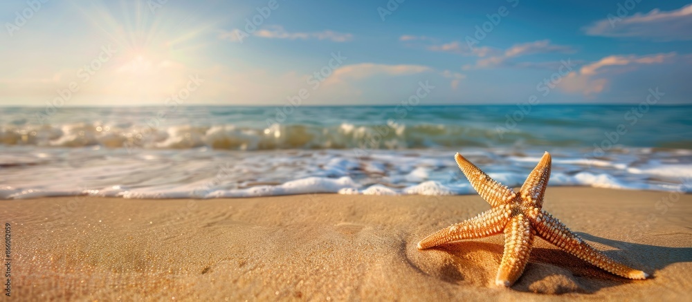 Aufkleber Starfish lying on the sandy shore with vast blue sea and clear skies in the background, creating a picturesque scene with copy space image.