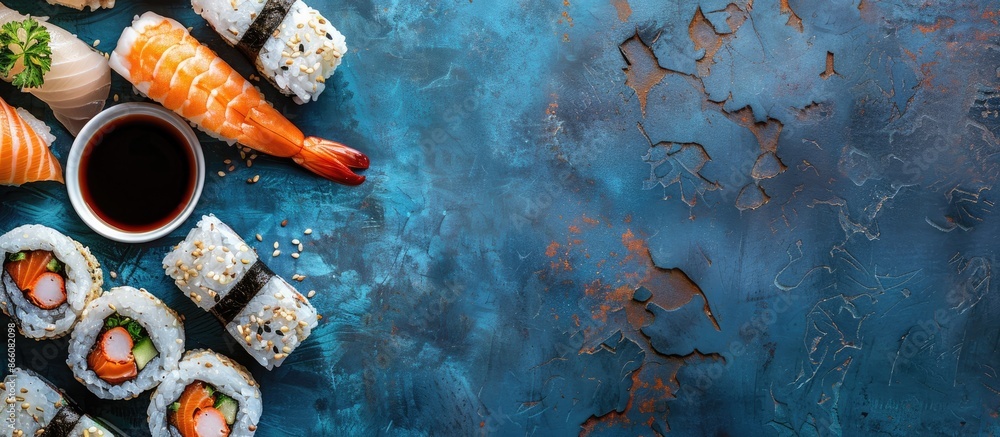 Poster Sushi and maki assortment with soy sauce on a blue stone backdrop, viewed from the top with space for text or other elements. Copy space image. Place for adding text and design