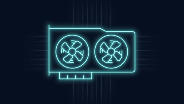 Animated videocard neon animation. Computer gpu animated icon glow effect. Spinning fan ventilators, rotors. Dynamic overlay on white background. HD video with alpha channel. Motion graphic