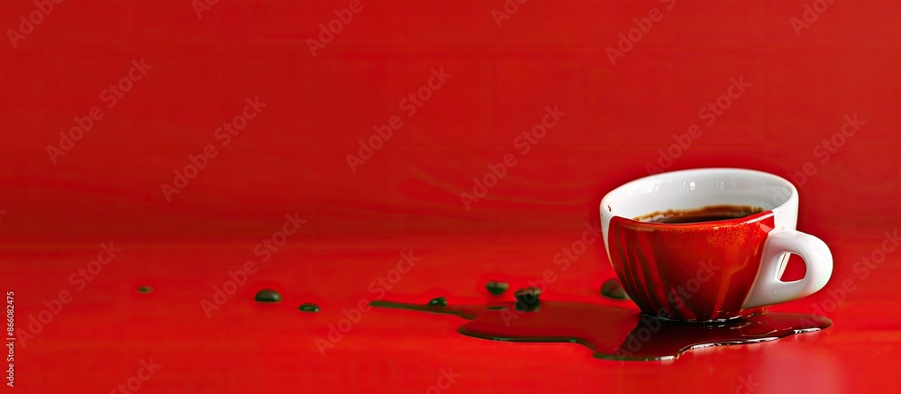 Aufkleber Spilled espresso cup on a red backdrop with copy space image available.