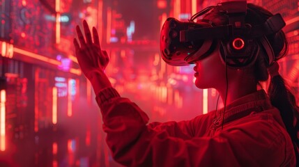 A person interacting with a virtual reality environment, surrounded by neon lights and futuristic landscapes, experiencing the immersive nature of advanced technology.