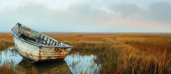 Decomposing old boat nestled in estuary marshland with ample copy space image.