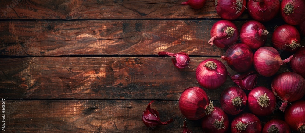 Aufkleber Rustic wood background with red onions creating a captivating composition for copy space image.