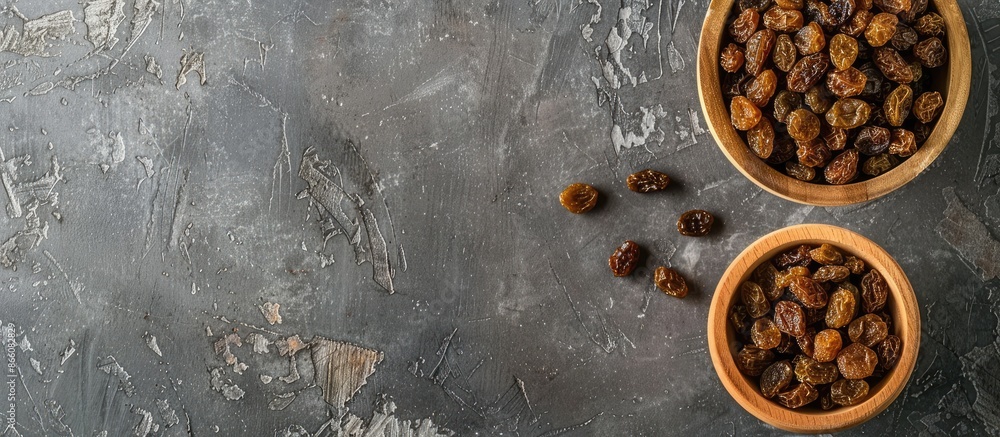 Poster wooden bowls filled with raisins, perfect for a nutritious meal, displayed from a top view on a grey