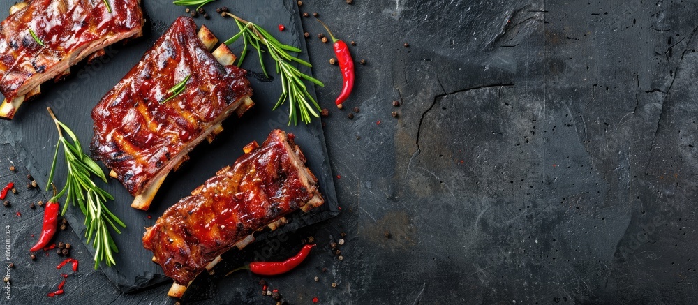 Poster pork ribs displayed on a stone backdrop with a blank space for text in the image. copy space image. 