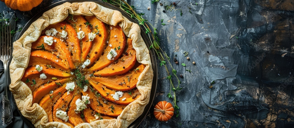 Aufkleber a pumpkin and ricotta cheese galette pie on a rustic backdrop, perfect for thanksgiving. top view wi