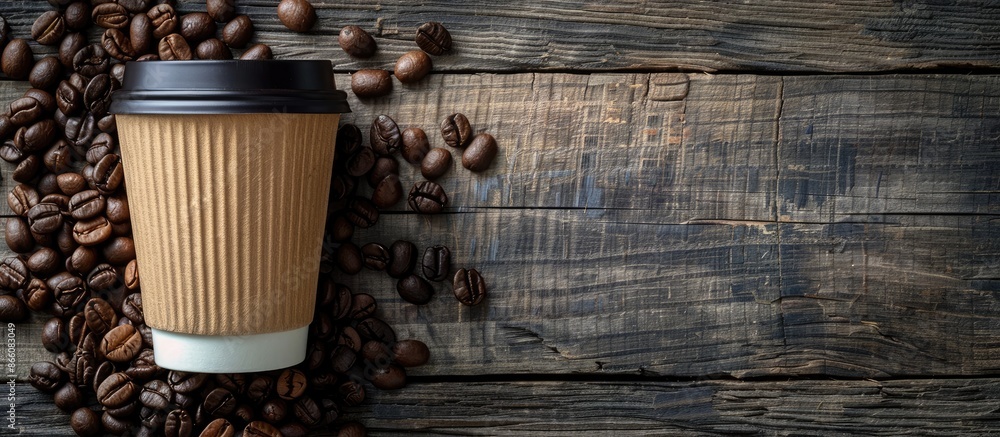 Aufkleber Coffee to go in a paper cup placed on a rustic wooden surface surrounded by coffee beans, creating an appealing composition with copy space image.