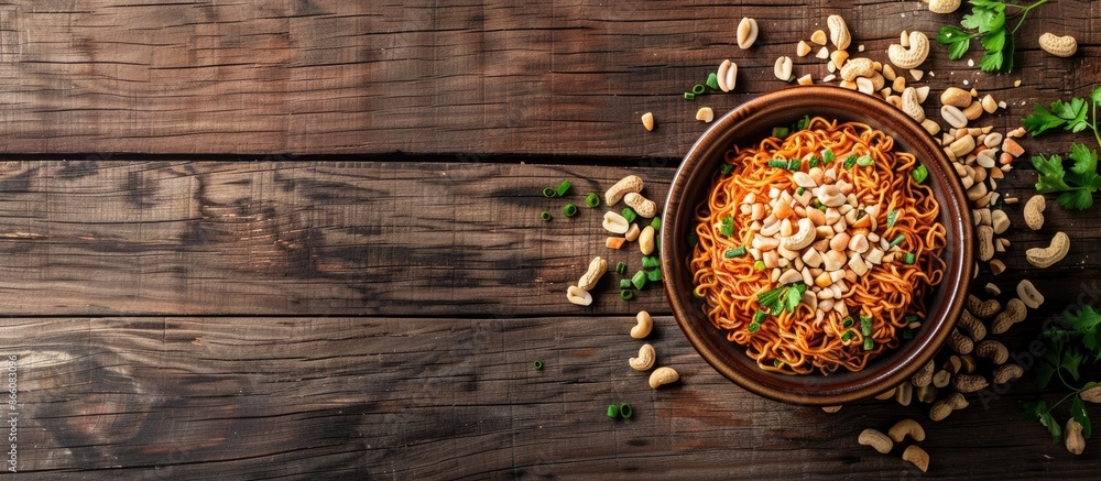 Poster wooden background sets the stage for dandan noodles, peanuts, and minced pork, creating a perfect co