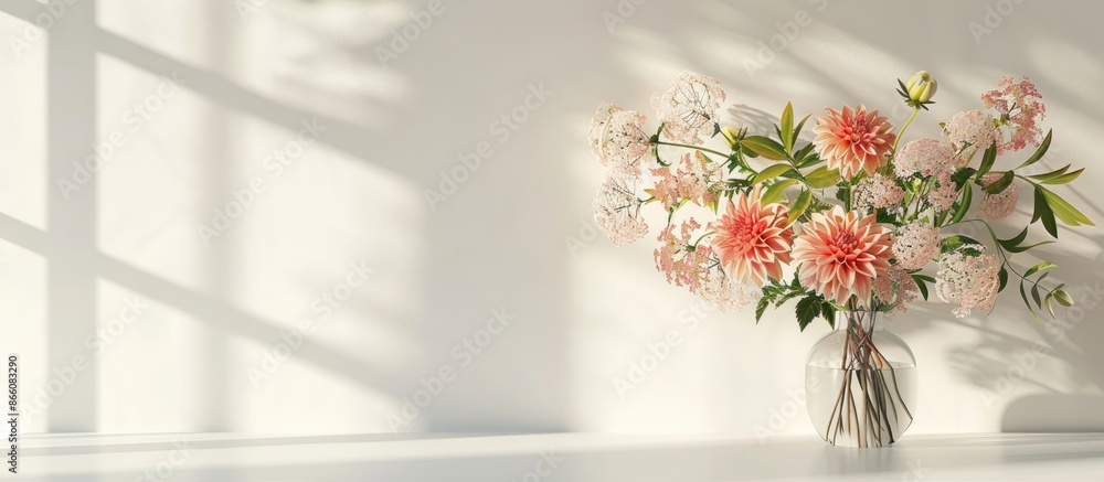 Poster dahlia flower bouquet displayed in a vase on a white table with room for text in the image. copy spa