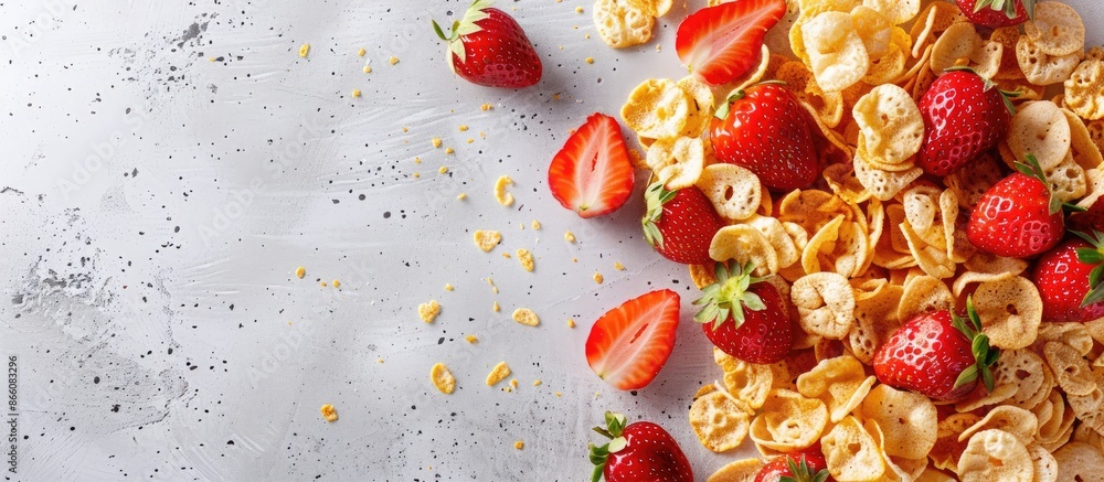 Poster cornflakes with fresh strawberries are a nutritious and delicious option for a summer snack or desse