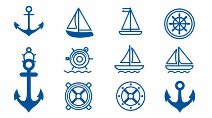 Nautical icons in blue outline on white: anchor, steering wheel, and sailboat. Simple vector icons for stickers, signs, or symbols.