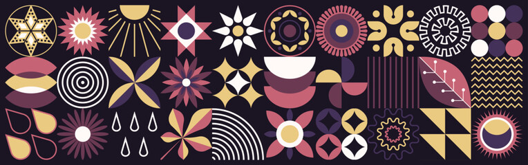 Spring set of 36 icons related to abstract geometric conceptual patterns. Flowers of a simple shape in the old style of Ukrainian embroidery. Scandinavian style. Mosaic style. Purple tones