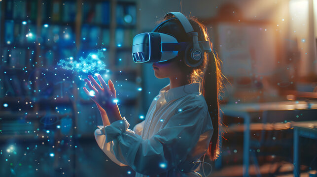 school student with VR headset using AI artificial intelligence technology & machine learning. Interactive technology in classroom. Innovation & smart tech Futuristic inclusive education