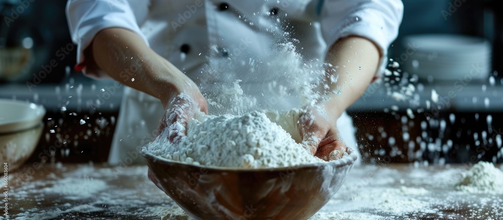 Poster woman cooks sifting flour through a sieve on a table in a frozen motion, with copy space image.
