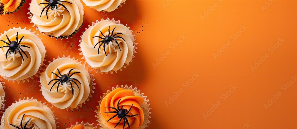 Poster view from above of tasty halloween cupcakes adorned with spiders on an orange backdrop, providing ro