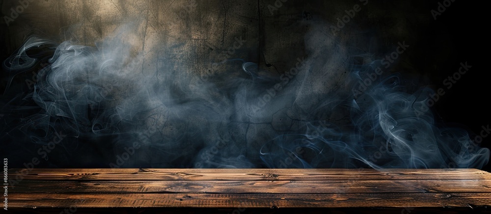 Fototapete a dark background showcases an empty wooden table with smoke rising, providing copy space image for 