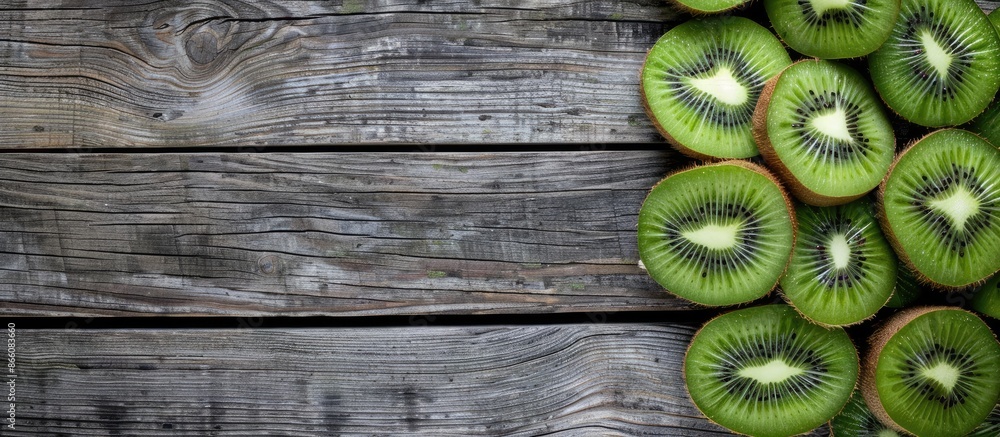 Poster kiwi fruit slices displayed on a wooden surface with ample copy space in the image.
