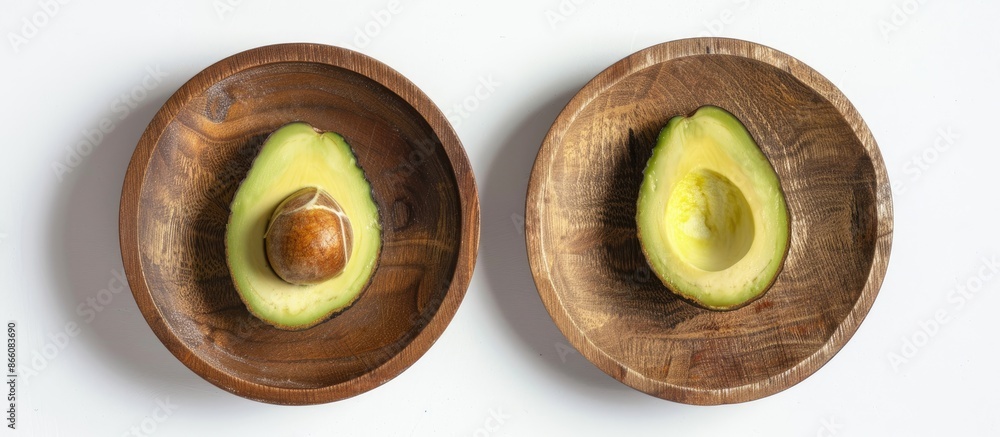 Aufkleber a bird's eye view of a halved avocado with and without the seed on a round wooden plate against a wh