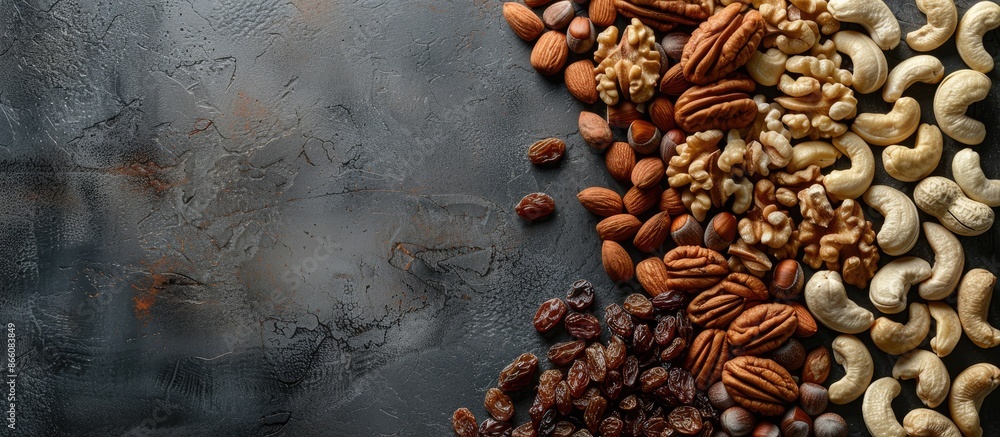 Poster various types of nuts including walnuts, cashews, raisins, almonds, and hazelnuts displayed in a tex