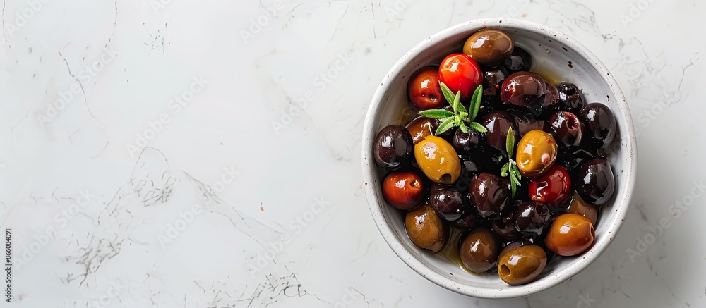 Poster a bird's eye view of a bowl filled with marinated olives set against a plain background provides amp