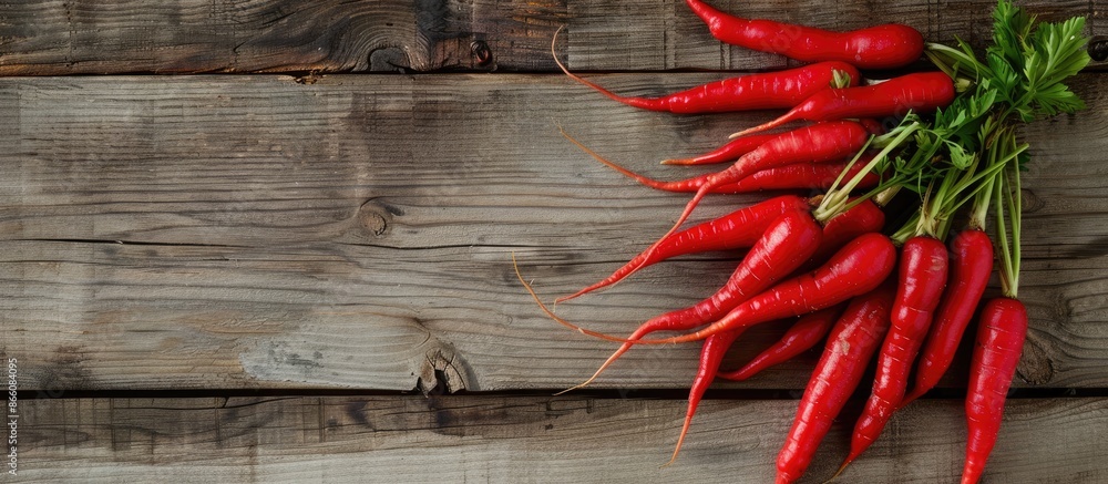 Poster Top view of red carrots on an aged wooden surface with room for text or other elements in the image. Copy space image. Place for adding text and design